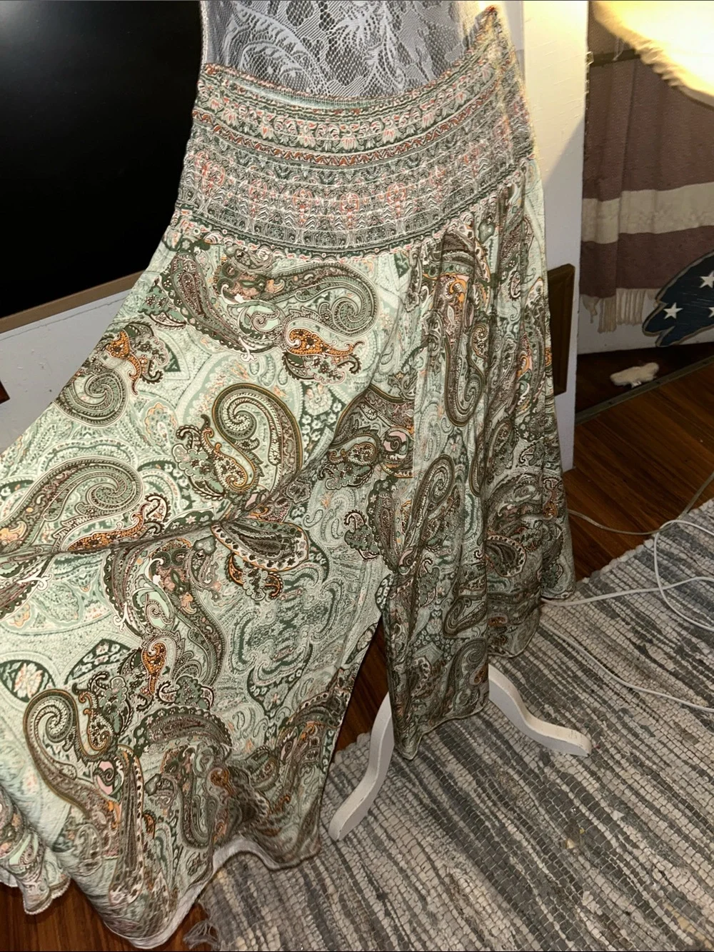 Bohemian Paisley Wide Leg Pants in Mint Green made in Italy